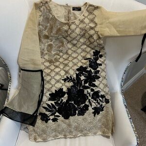 Elegant Beige and Black Embroidered Dress